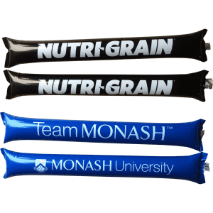 Four inflatable cheering sticks, two black with white branding and two blue featuring white branding.