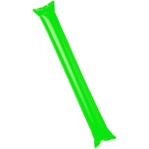 A bright green inflatable cheering stick with a rectangular shape and pointed ends. It features a logo.