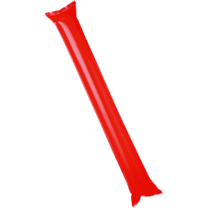 A pair of bright red inflatable cheering sticks with an attached logo.