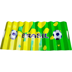 A novelty cardboard clapper featuring green and yellow stripes with soccer balls and branding.
