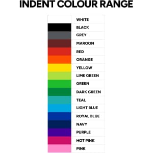 A colour chart displaying a range of hues including white, black, grey, maroon, red, orange, and various shades of blue and pink.