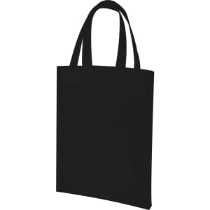 A black tote bag with two shoulder straps and a simple design, featuring a logo.