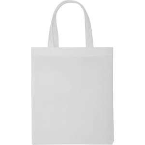 A white tote bag with two handles and a blank surface, featuring a logo on one side.