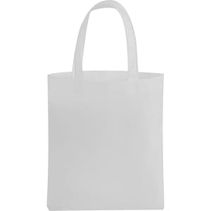 A white tote bag with two handles and a simple design, featuring a branding logo.