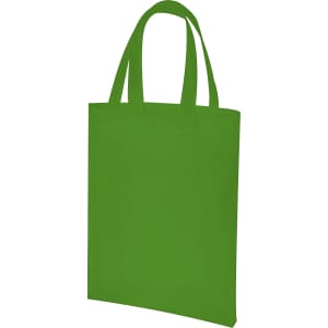 A bright green tote bag with two handles and a simple design. It features a branding logo.