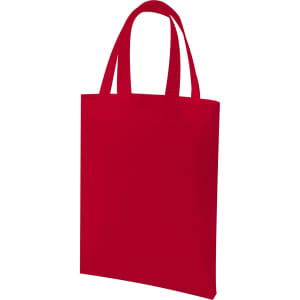 A red tote bag with two handles, featuring a simple design and a branding logo.