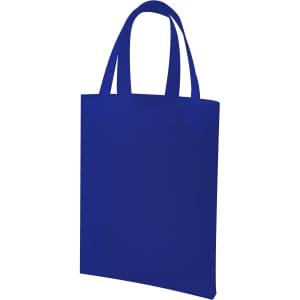 A blue tote bag with two handles and a simple design, featuring a branding logo.