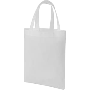 A white tote bag with two handles, featuring a simple design and a logo on the front.