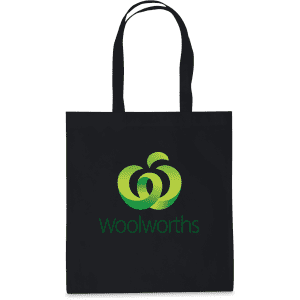 A black tote bag featuring a green logo and dual handles. Simple and functional design.
