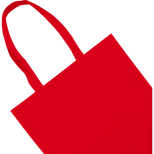A bright red tote bag with two handles and a simple design. It features a logo.