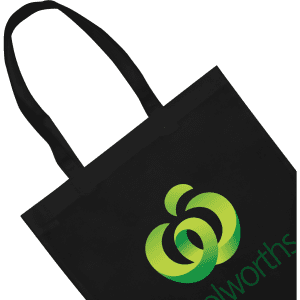 A black tote bag featuring a logo in green, showing the bag's handles and main panel.
