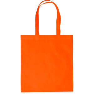 An orange tote bag with two handles and a simple design, featuring a logo.