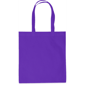 A purple tote bag with two shoulder straps and a simple design. It features a logo.
