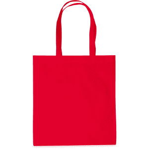 A red tote bag with two sturdy handles and a plain design. It features a logo on one side.