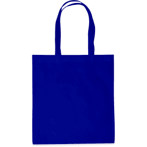 A large blue tote bag with two handles and a simple design. It features a logo on one side.