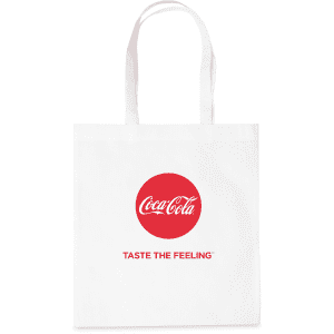 A white tote bag featuring a red circle and a logo, with two handles for carrying.