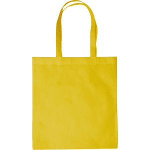 A yellow tote bag with two handles and a plain design, featuring a logo on the front.