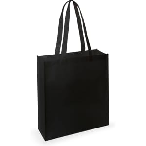 A black tote bag with long handles and a simple design, featuring a logo on one side.