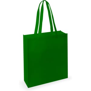 A green tote bag with two handles and a simple design, featuring a subtle logo.