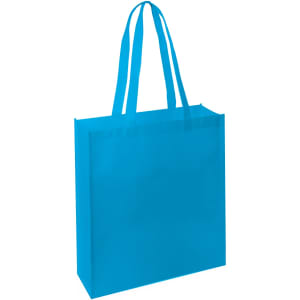 A bright blue tote bag with two shoulder straps and a simple design, featuring a logo.
