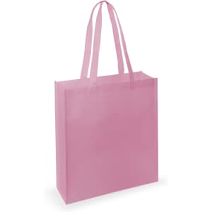 A pink tote bag with two handles and a simple design. It features a logo on its surface.