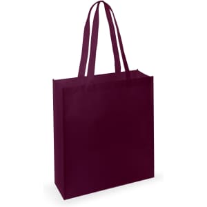 A maroon tote bag with two handles and a plain design, featuring a logo on one side.