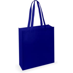 A blue tote bag with two handles and a simple design, featuring a branding logo.