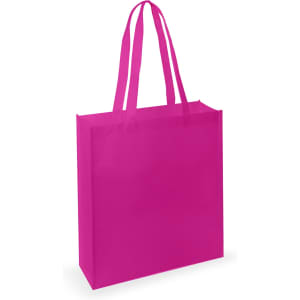 A bright pink tote bag with two handles and a simple design, featuring a logo on one side.