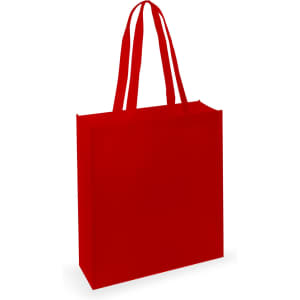 A red tote bag with two straps and a simple design. It has a branding logo on one side.