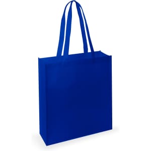 A blue tote bag with two handles and a simple design, featuring a branding logo.