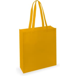 A bright yellow tote bag with two handles and a simple design. Features a logo on one side.