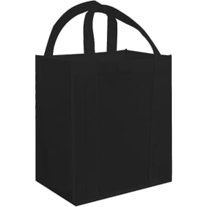 A black tote bag with two sturdy handles and an open top design. It features a plain surface without logos.