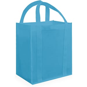 A blue tote bag with two handles and a simple design. It includes a logo on one side.