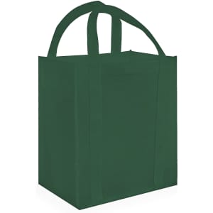 A green tote bag with two handles and a rectangular design. It includes a logo on one side.