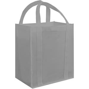 A grey tote bag with two handles and a rectangular shape, featuring a simple design and no logos.