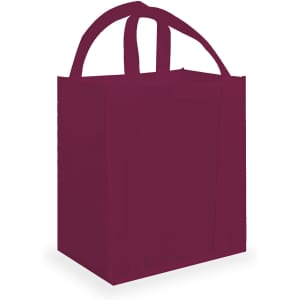 A maroon tote bag with two sturdy handles and a simple design. It features a logo on the front.