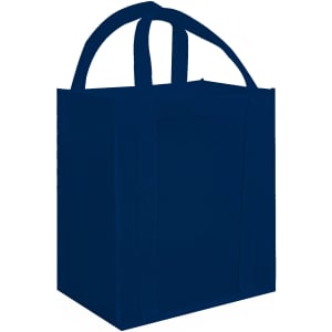 A dark blue tote bag with two sturdy handles and a square base. It features a logo on the side.
