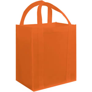 An orange tote bag with two handles, featuring a simple design and no visible branding.