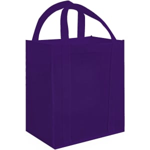 A purple tote bag with two handles and a solid design, featuring a logo on one side.