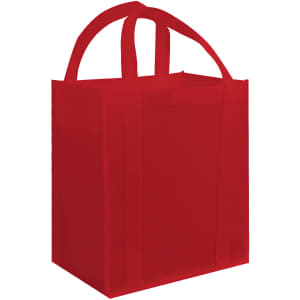 A red tote bag with two handles and a simple design. It has a logo on the side.
