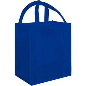 A blue tote bag with two handles and a branded logo on one side. Simple and lightweight design.