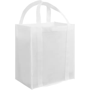 A white tote bag with dual handles and a minimalist design, featuring a logo.