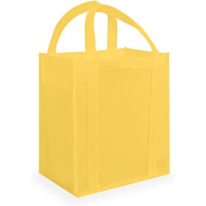 A yellow tote bag with two handles and a blank design, featuring a simple structure. It has a solid colour and no visible logos.
