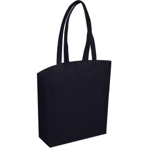A black tote bag with two long handles and a rectangular shape. It features a branding logo.