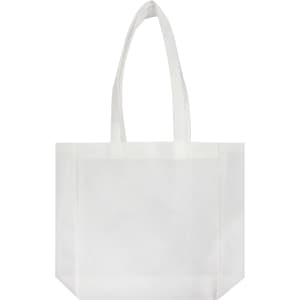 A white tote bag with long handles. The bag has a simple design and features a logo.