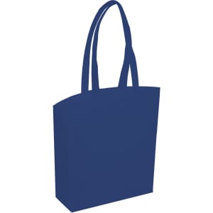 A navy blue tote bag with two long handles and a simple design, featuring a logo on one side.