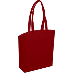 A red tote bag with two long handles and a simple design, featuring a logo.