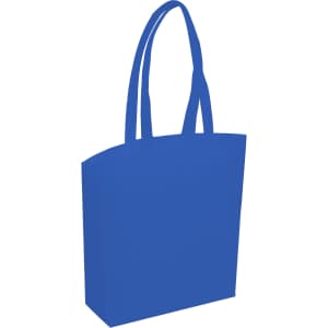A blue tote bag with two long handles and a simple design, featuring a logo.