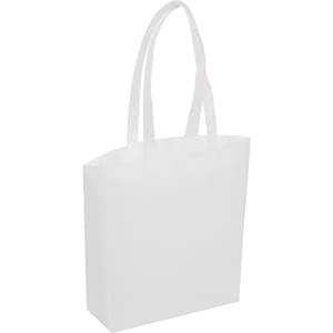 A white tote bag with long handles and a simple design, featuring a logo.