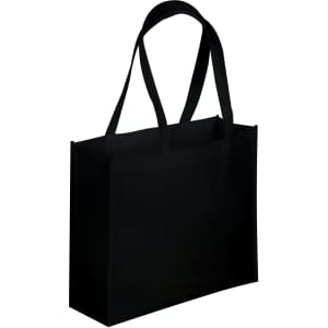 A black tote bag with two handles and a simple design, featuring a logo.